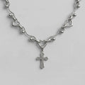 Heart Link & Engraved Cross Choker Necklace
