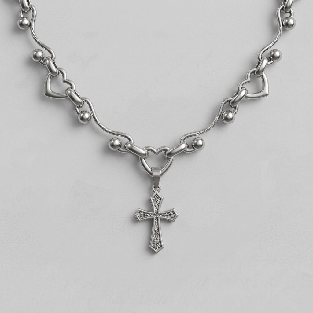 Heart Link & Engraved Cross Choker Necklace