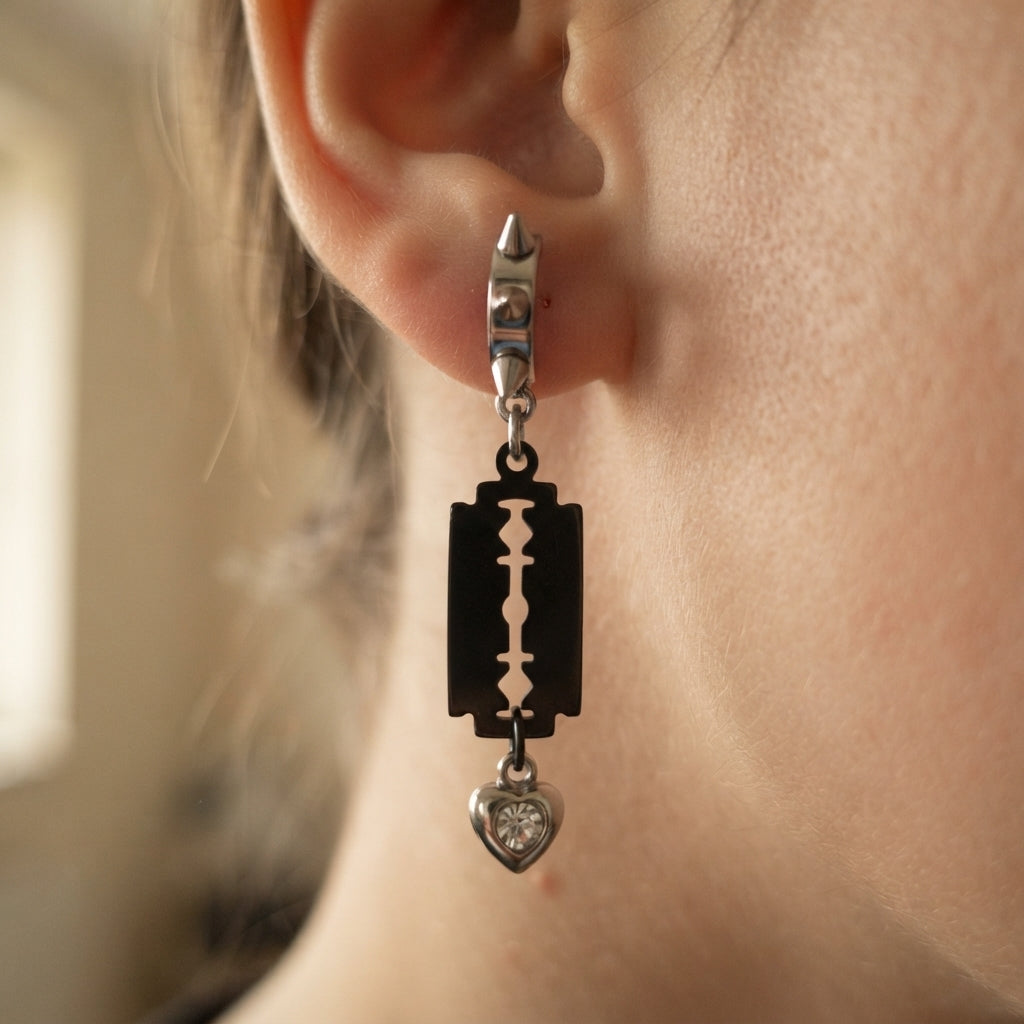 Black Razor Blade Crystal Heart Spiked Huggie Earrings