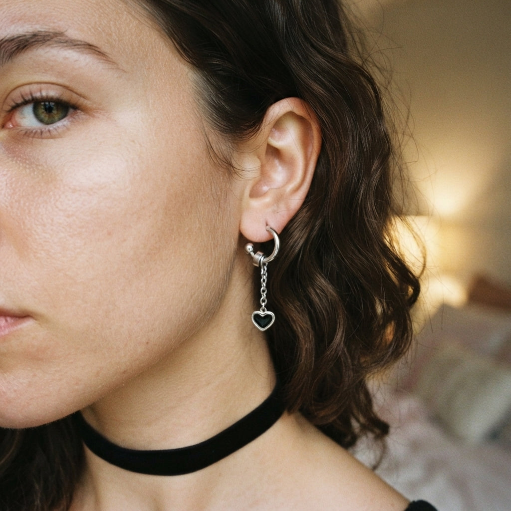 Black Enamel Heart Chain Drop C-Hoop Earrings
