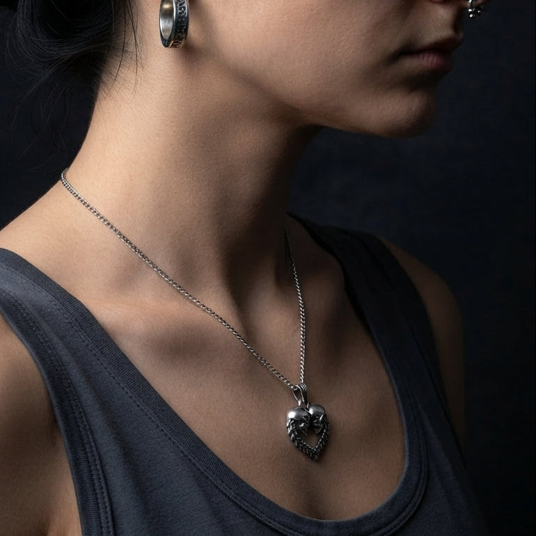 Twin Skull Heart Necklace