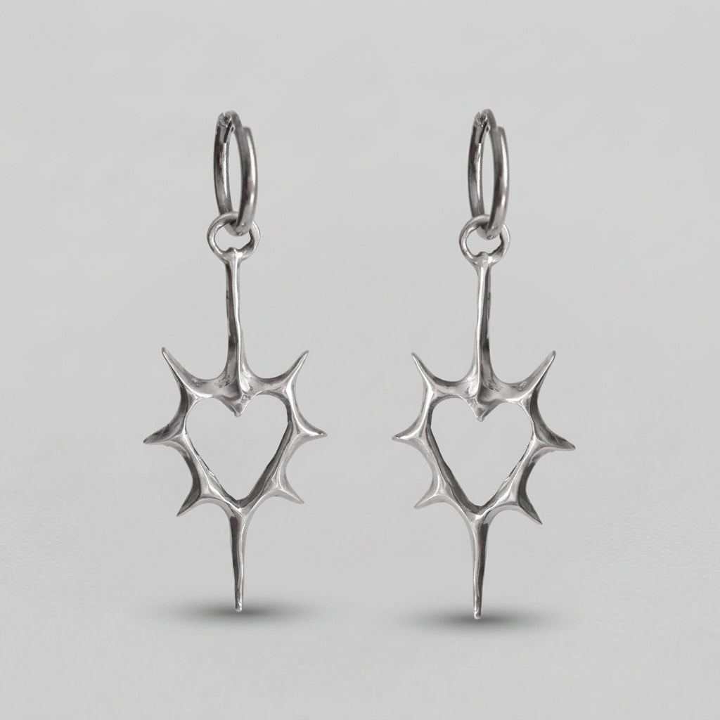 Thorned Heart Spike Drop Hoop Earrings