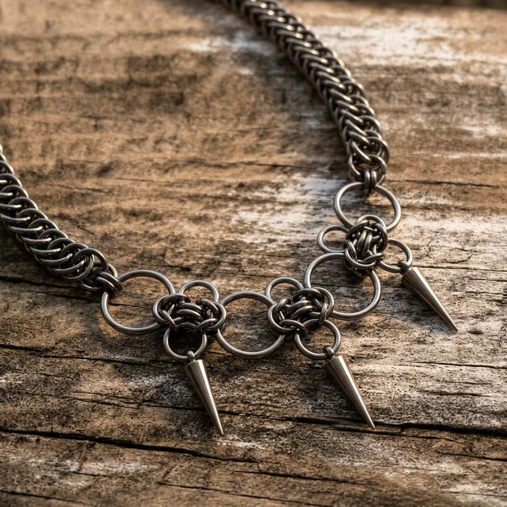 Gunmetal Ring & Triple Spike Chainmail Necklace