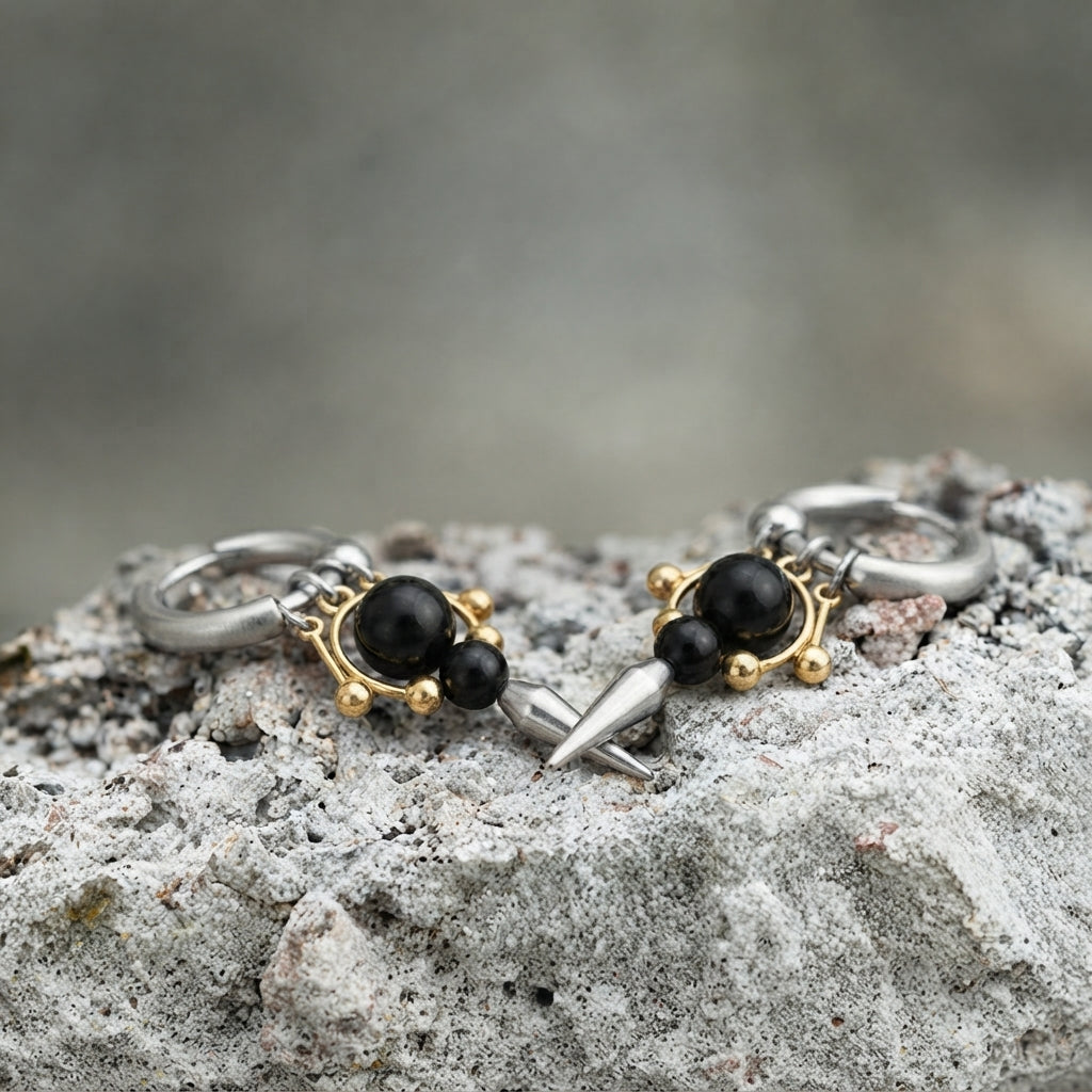 Onyx & Gold Bead Spike Earrings