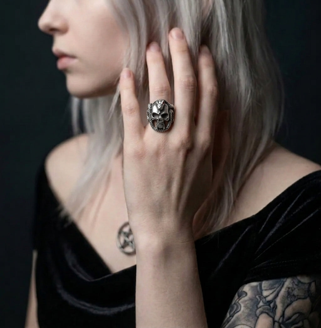 Snake and Skull Ring with Red Crystal Eyes