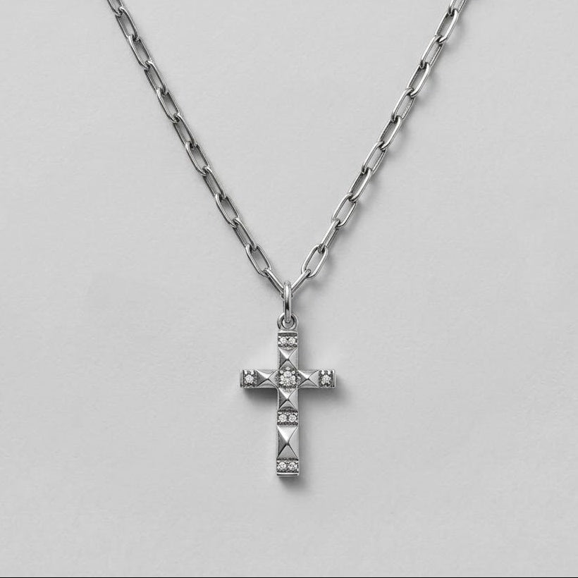 Antiqued Studded Pyramid Cross Paperclip Chain Necklace