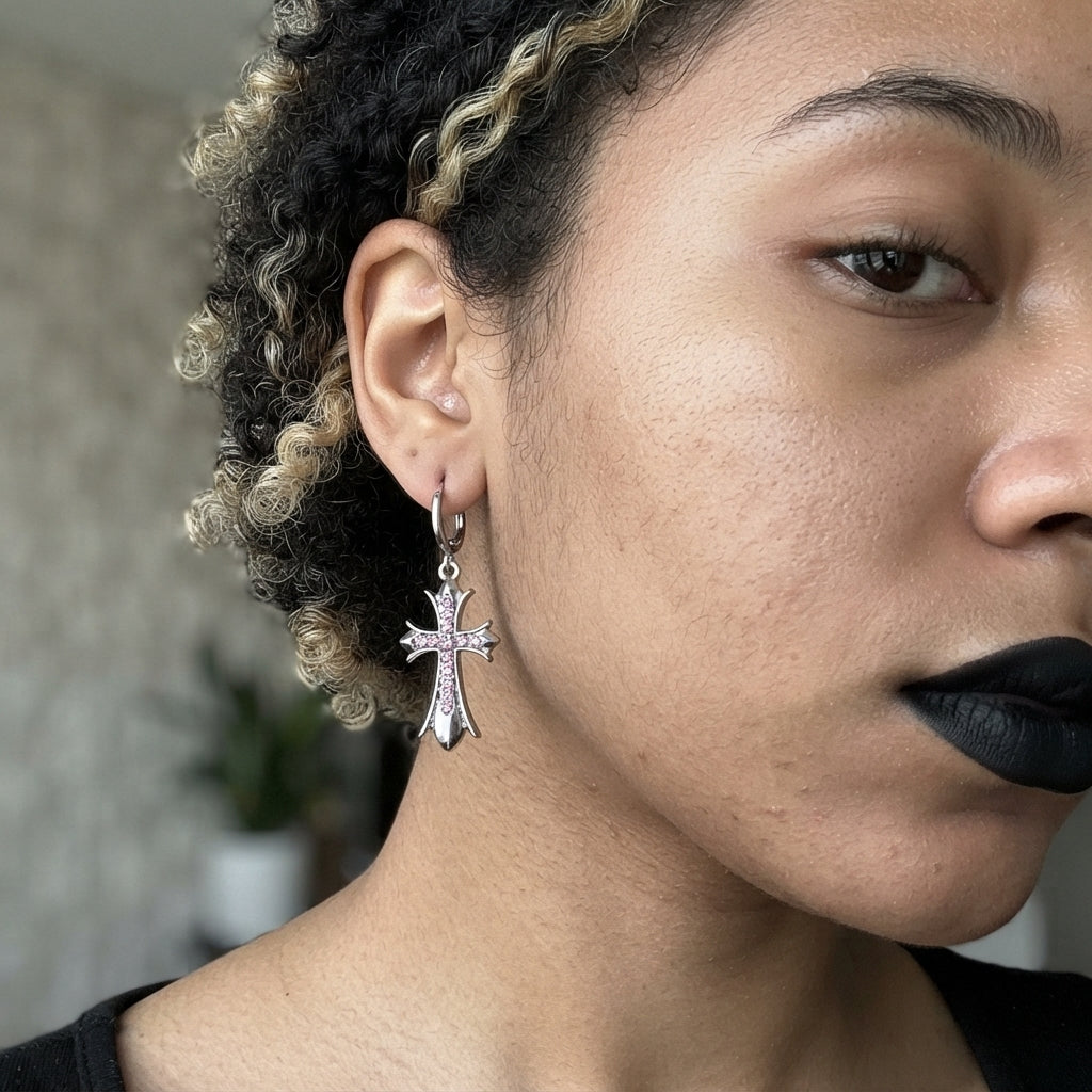 Pink Crystal Gothic Cross Hoop Earrings