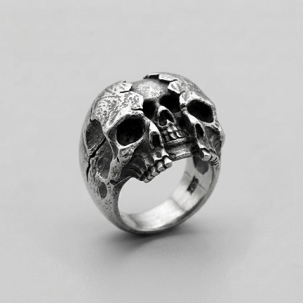 Cracked Skull Dome Ring — Gothic Sterling