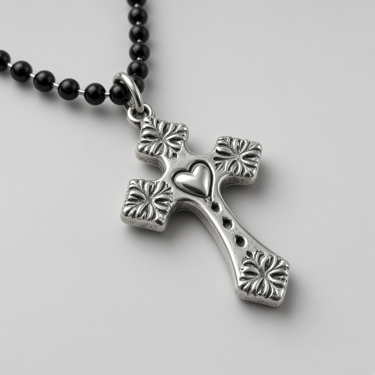 Black Bead Rosary Floral Heart Cross Necklace