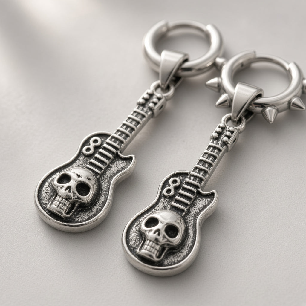 Skull Guitar Mismatched Spiked Hoop Earrings