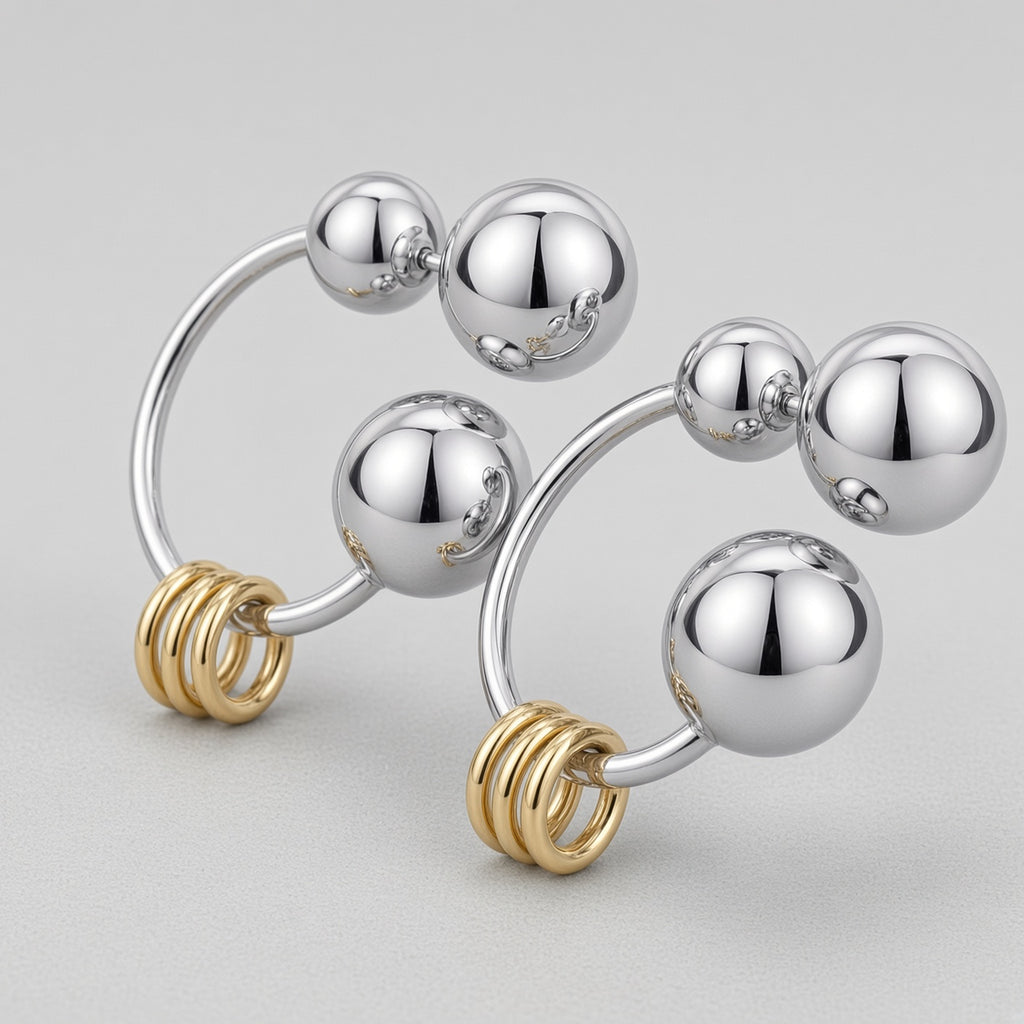 Two-Tone Double Ball Open Hoop Earrings
