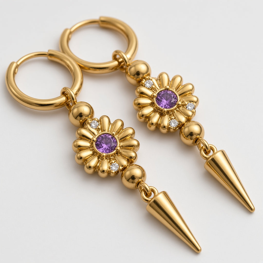 Gold Amethyst Crystal Daisy Spike Drop Hoop Earrings