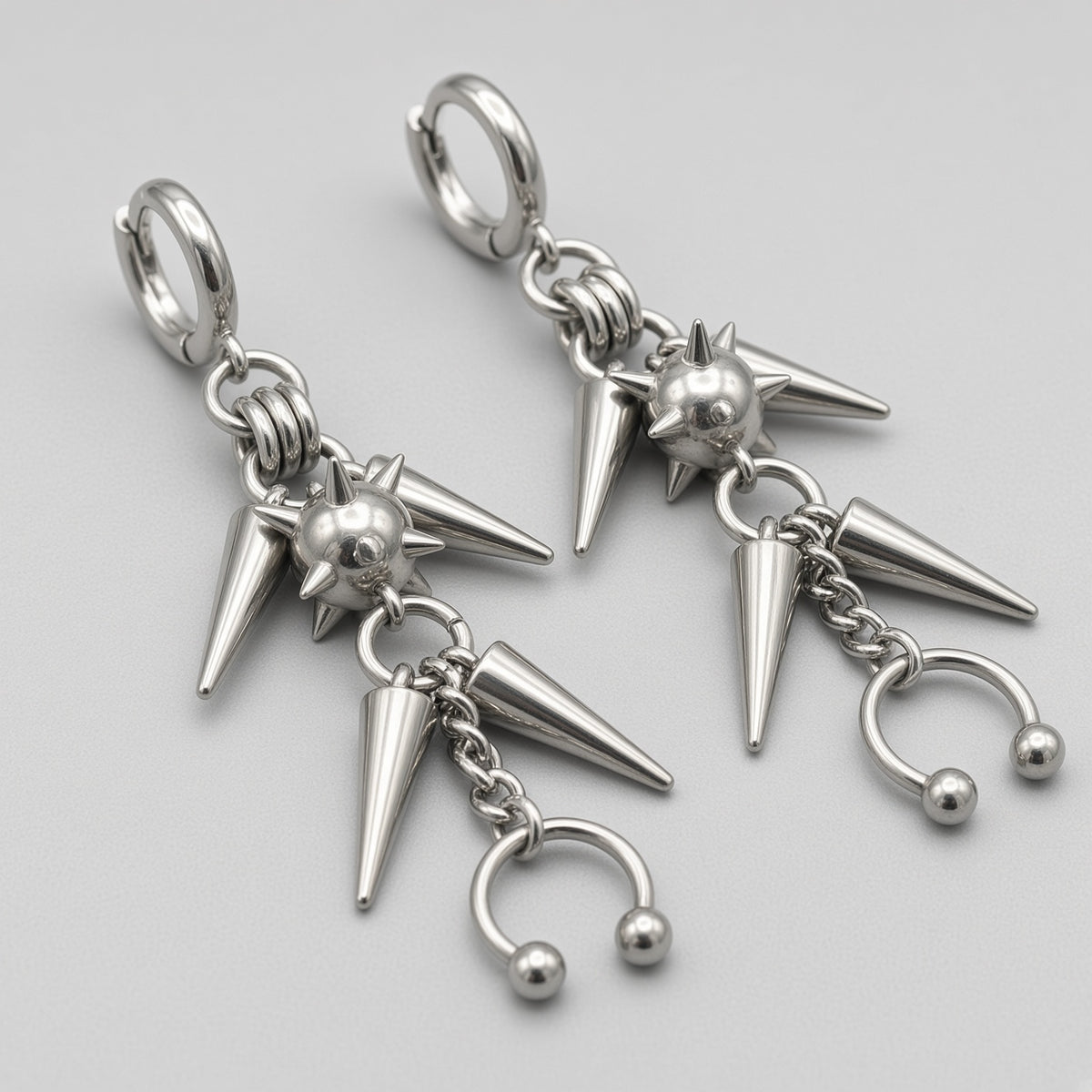 Spike Cluster Horseshoe Barbell Drop Earrings