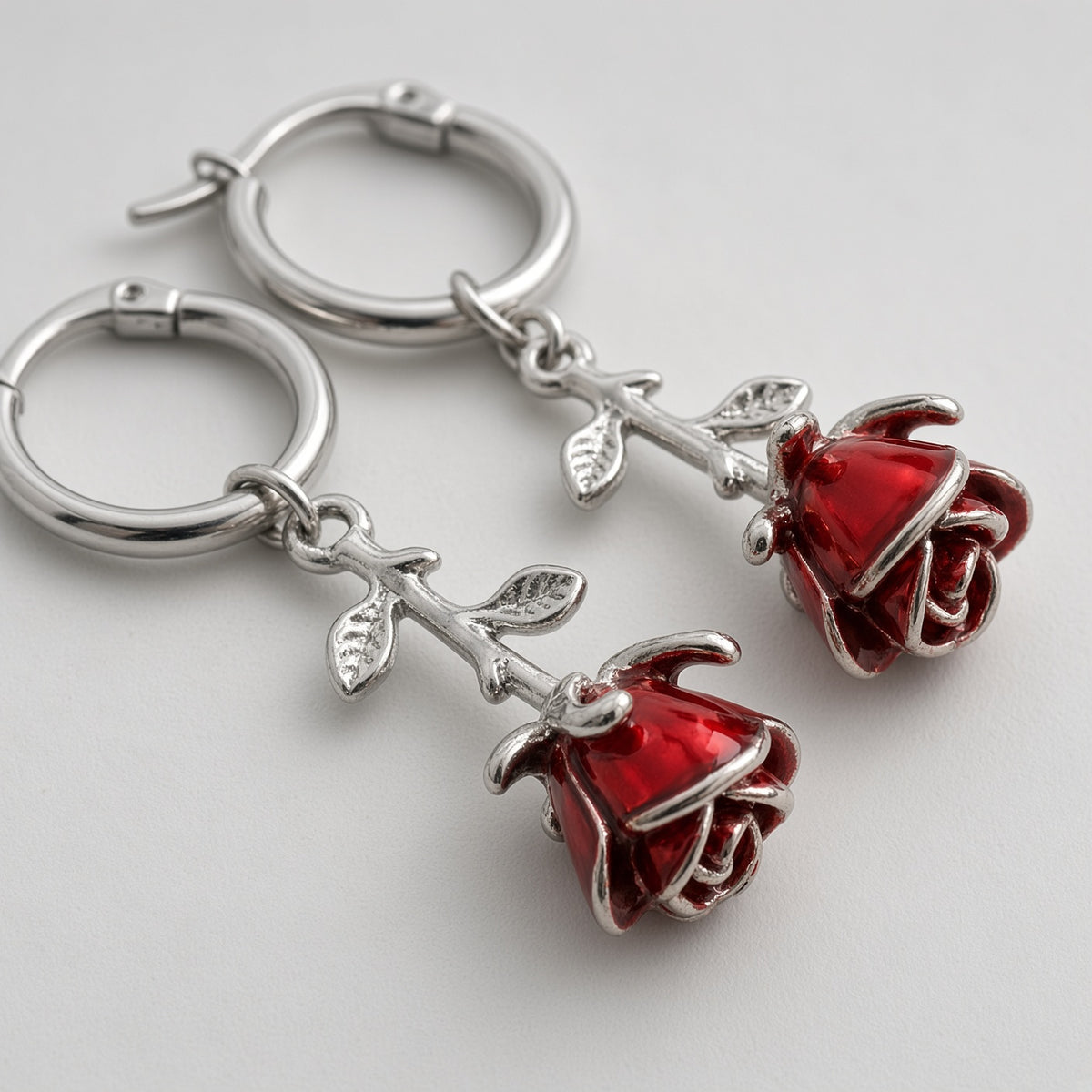 Blood Red Rose Stem Hoop Earrings