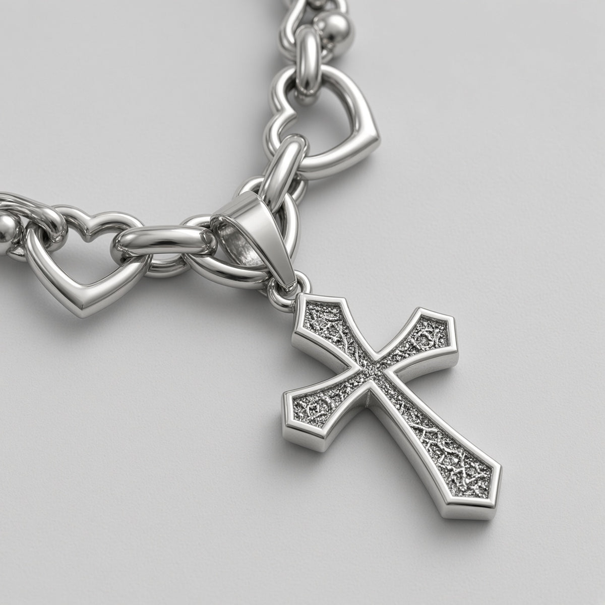 Heart Link & Engraved Cross Choker Necklace