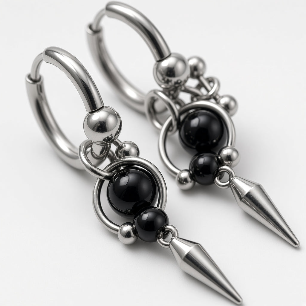 Black Onyx Bead Horseshoe Spike Charm Hoop Earrings