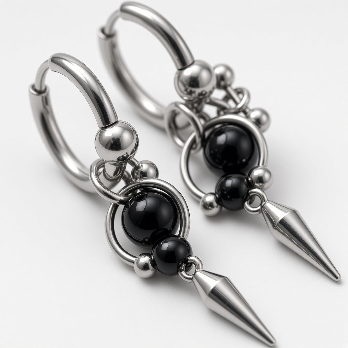 Black Onyx Bead Horseshoe Spike Charm Hoop Earrings