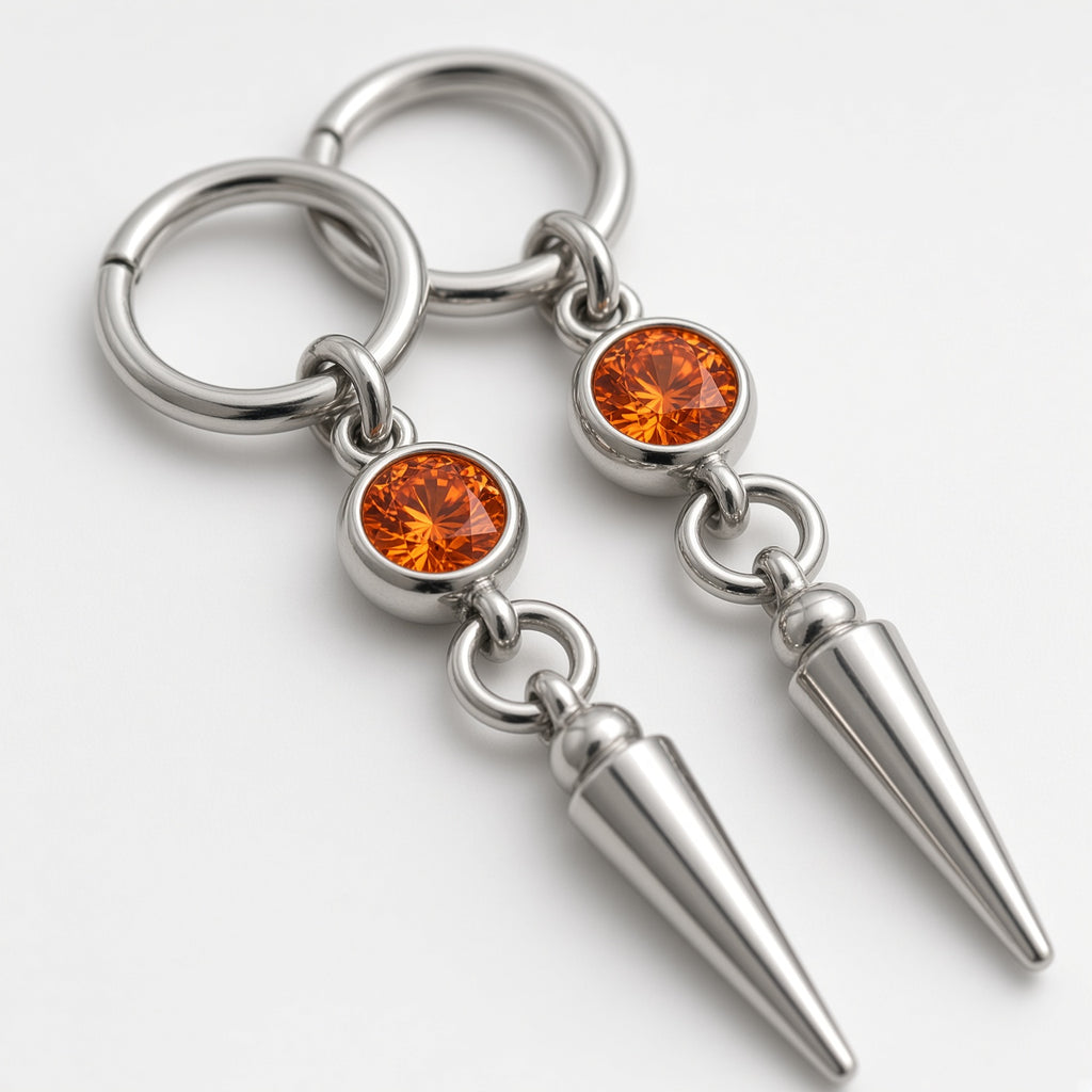 Fire Orange Crystal Bezel Spike Drop Hoop Earrings