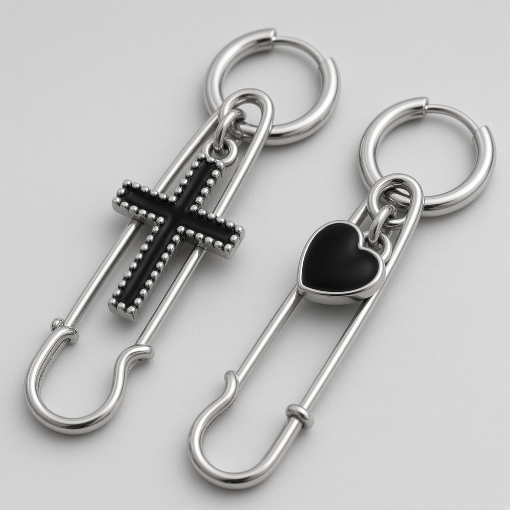 Mismatched Safety Pin Black Cross & Heart Earrings