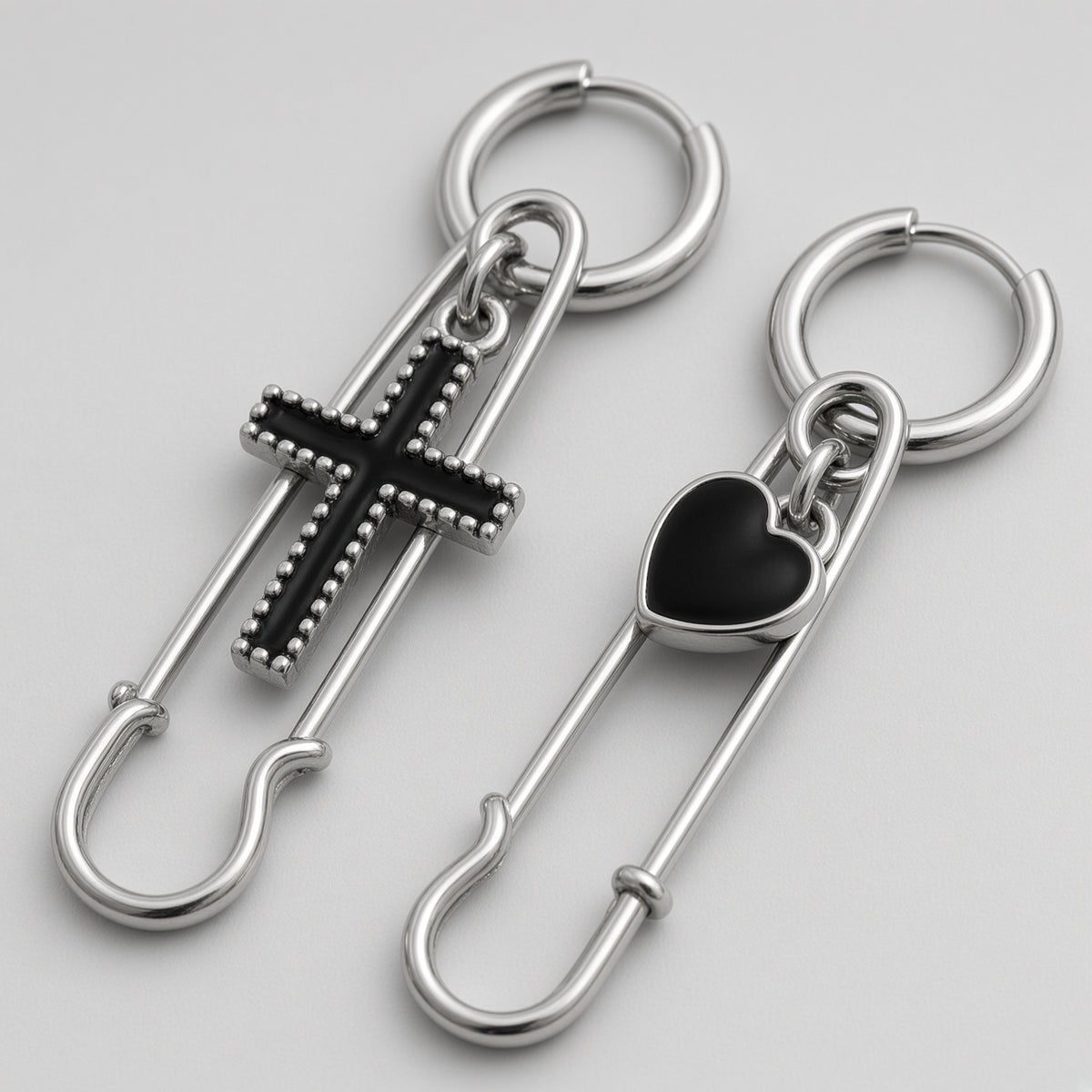 Mismatched Safety Pin Black Cross & Heart Earrings
