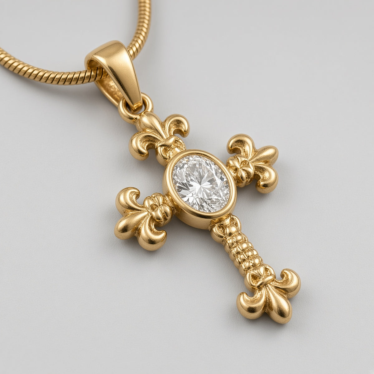Gold Fleur-de-Lis Oval Crystal Cross Snake Chain Necklace