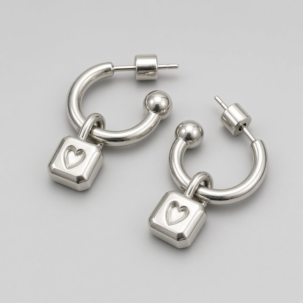Heart Padlock Ball End C-Hoop Earrings