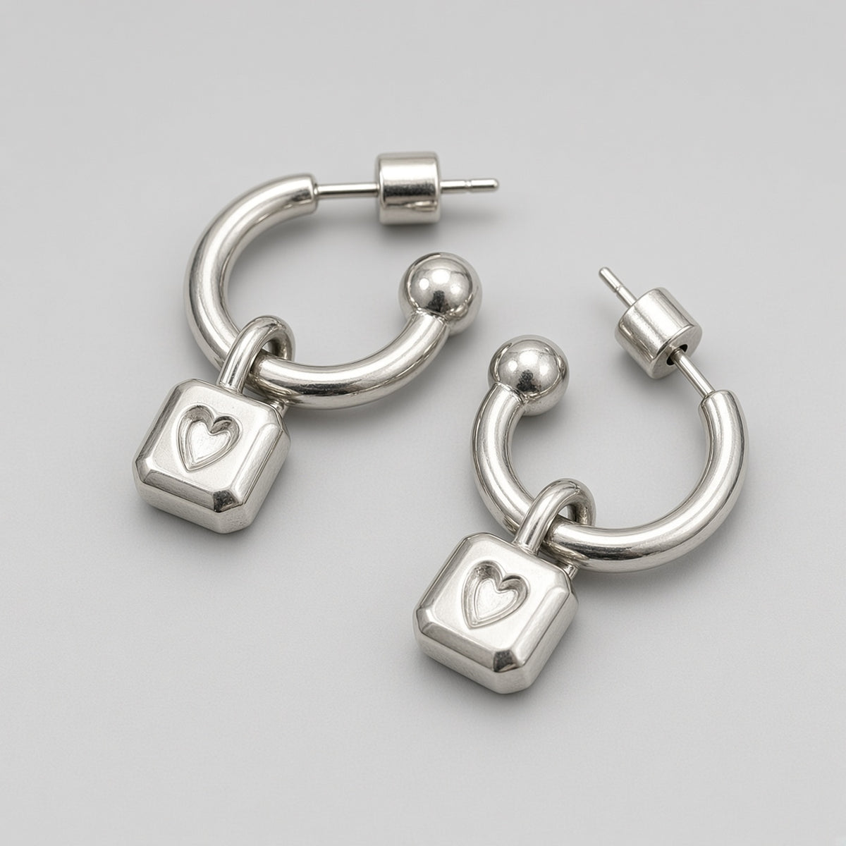 Heart Padlock Ball End C-Hoop Earrings