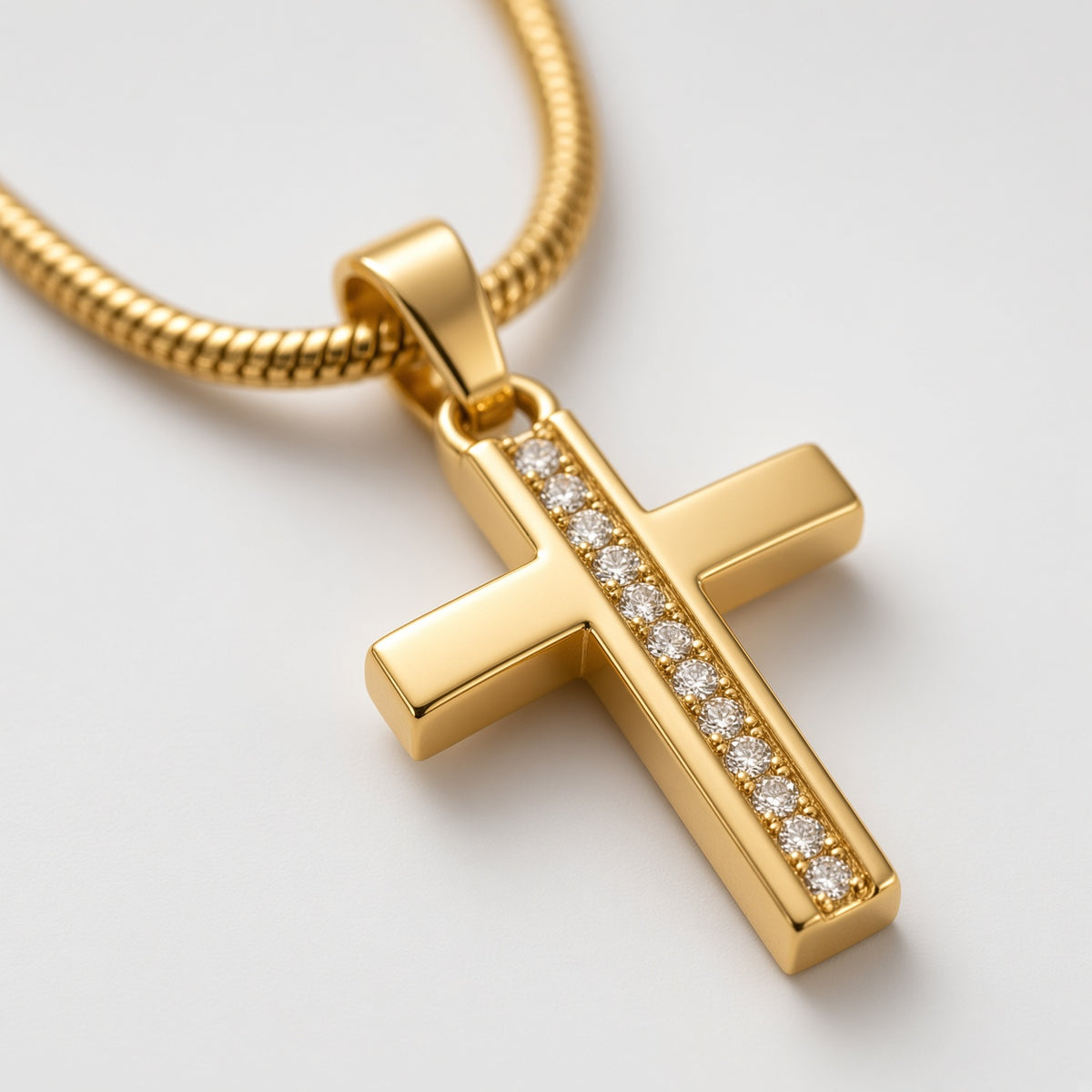 Gold Crystal Channel Bar Cross Snake Chain Necklace