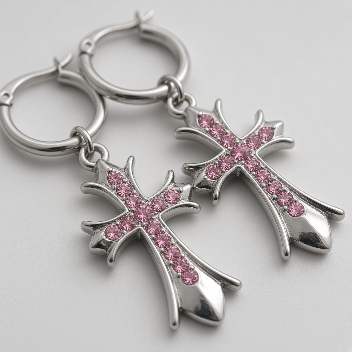 Pink Crystal Gothic Cross Hoop Earrings