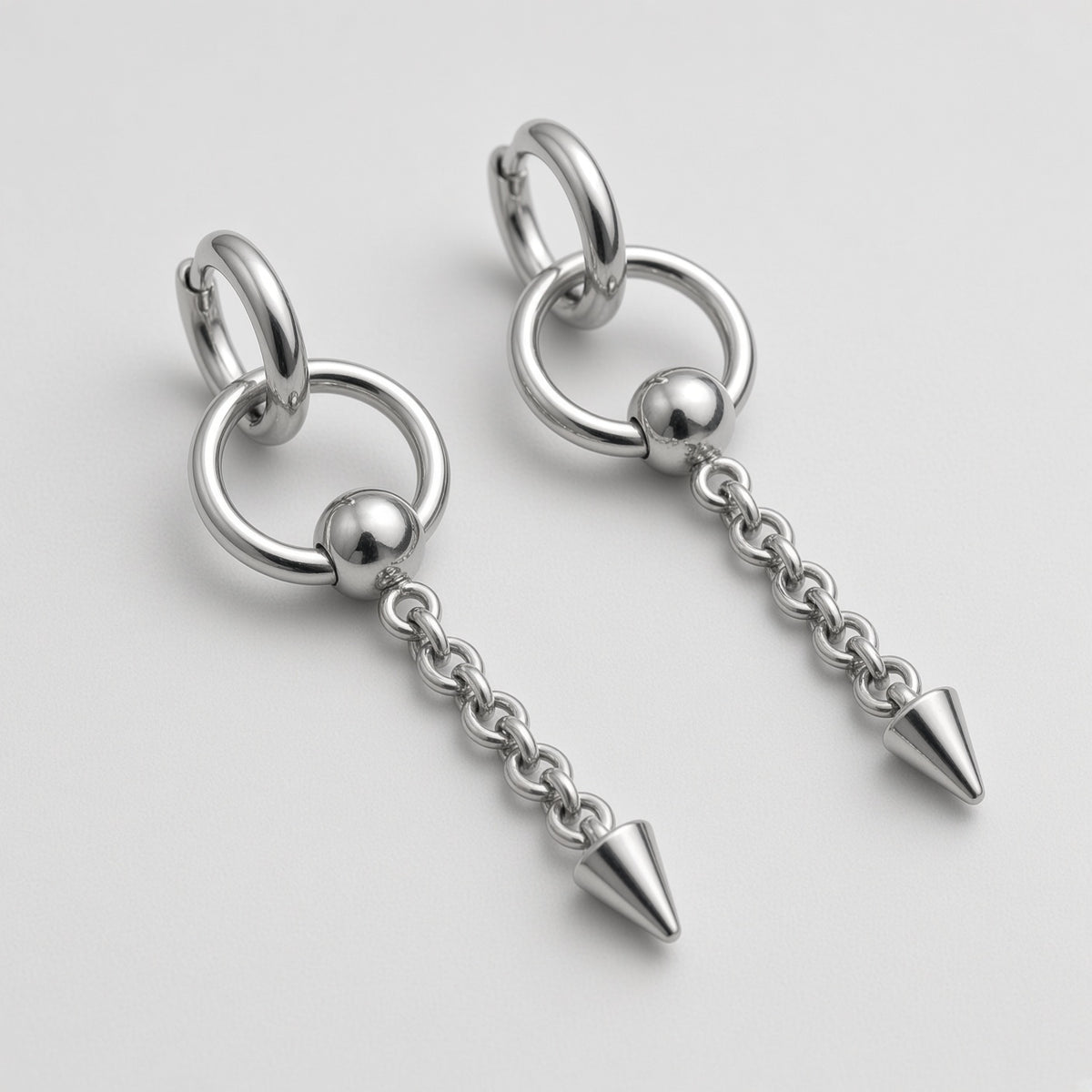Captive Bead Ring Chain Spike Drop Earrings