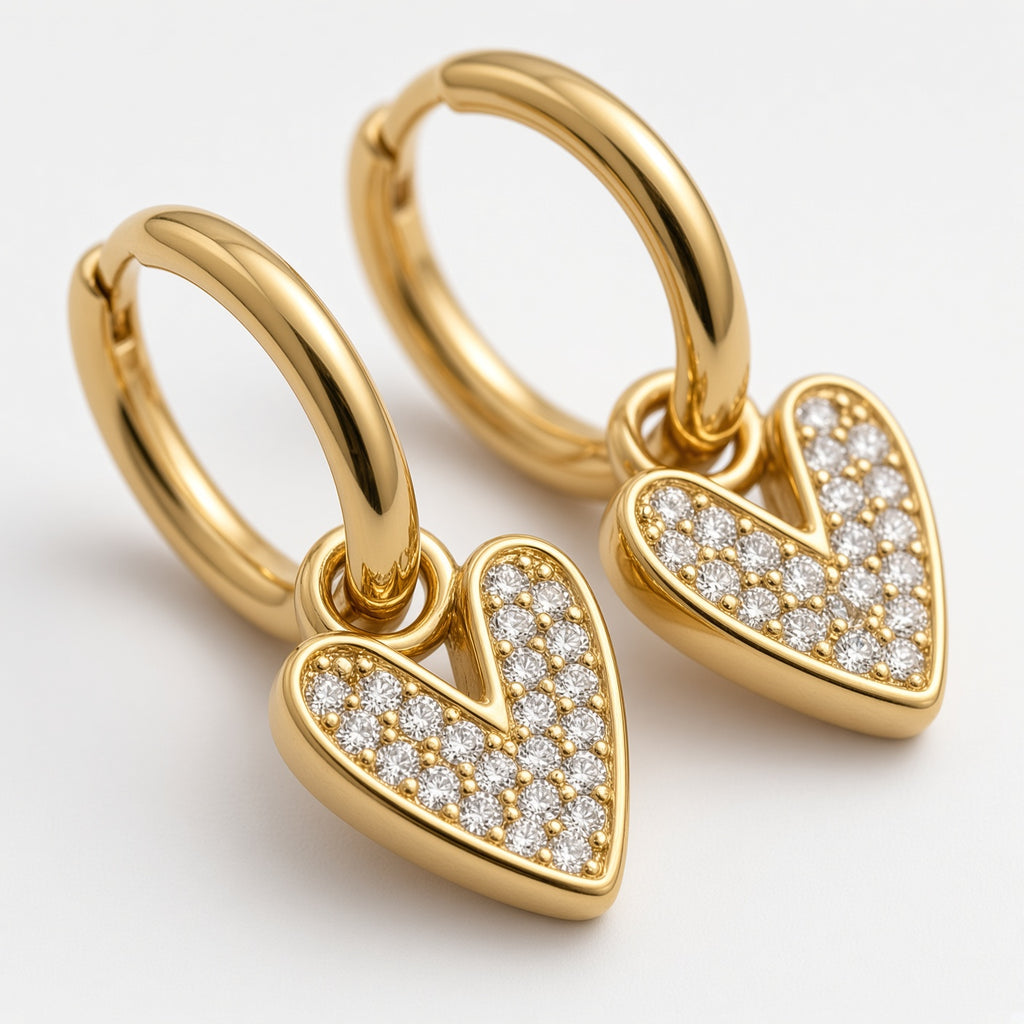 Gold Pavé Heart Charm Huggie Hoop Earrings