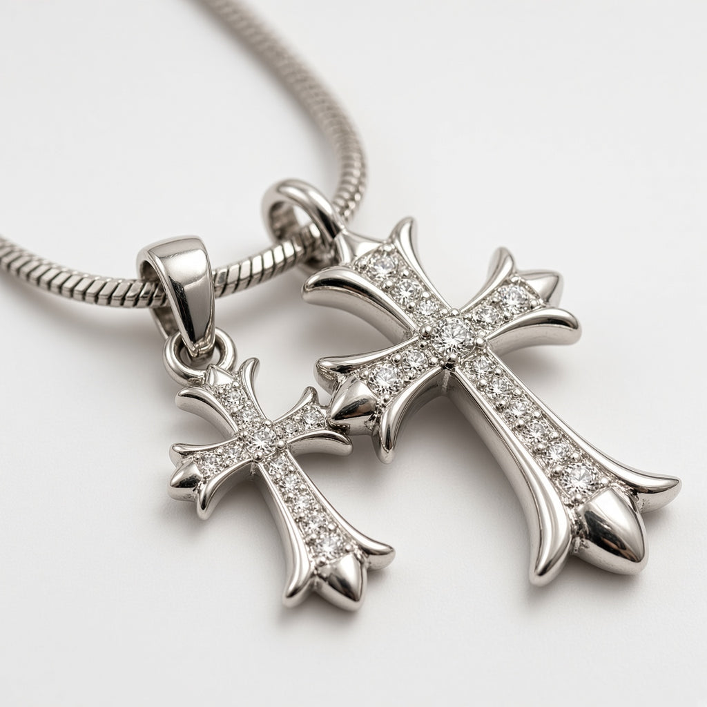 Silver Pavé Twin Gothic Cross Snake Chain Necklace
