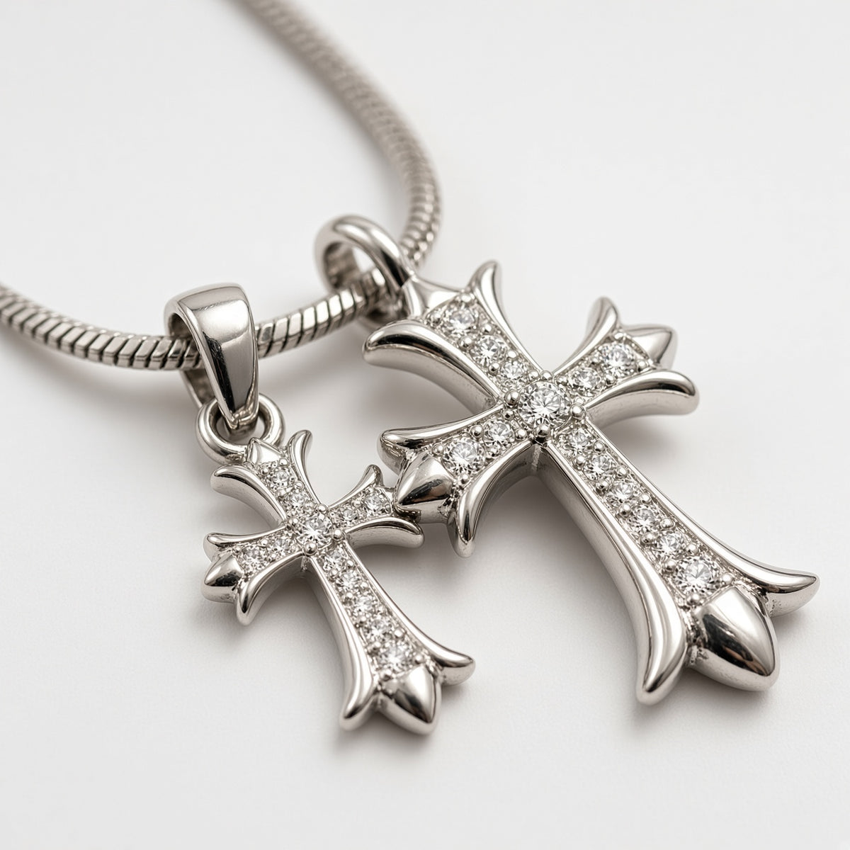 Silver Pavé Twin Gothic Cross Snake Chain Necklace
