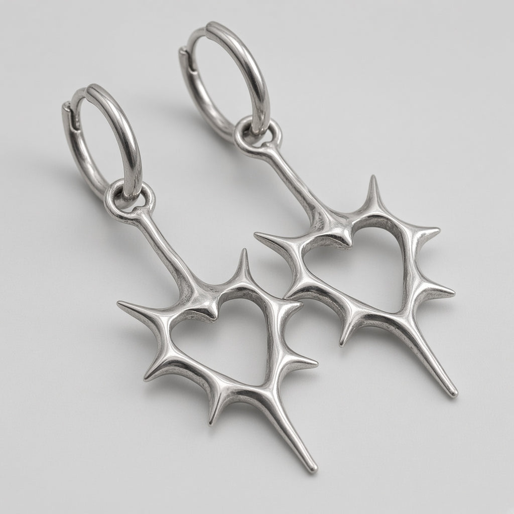 Thorned Heart Spike Drop Hoop Earrings