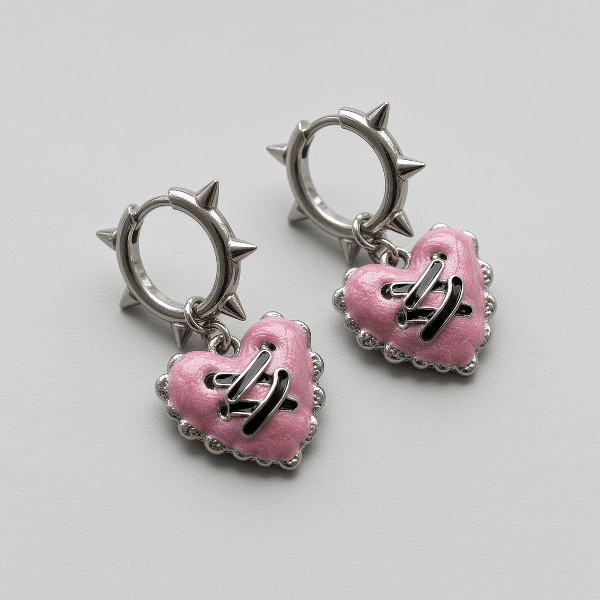 Stitched Pink Heart Spiked Huggie Earrings