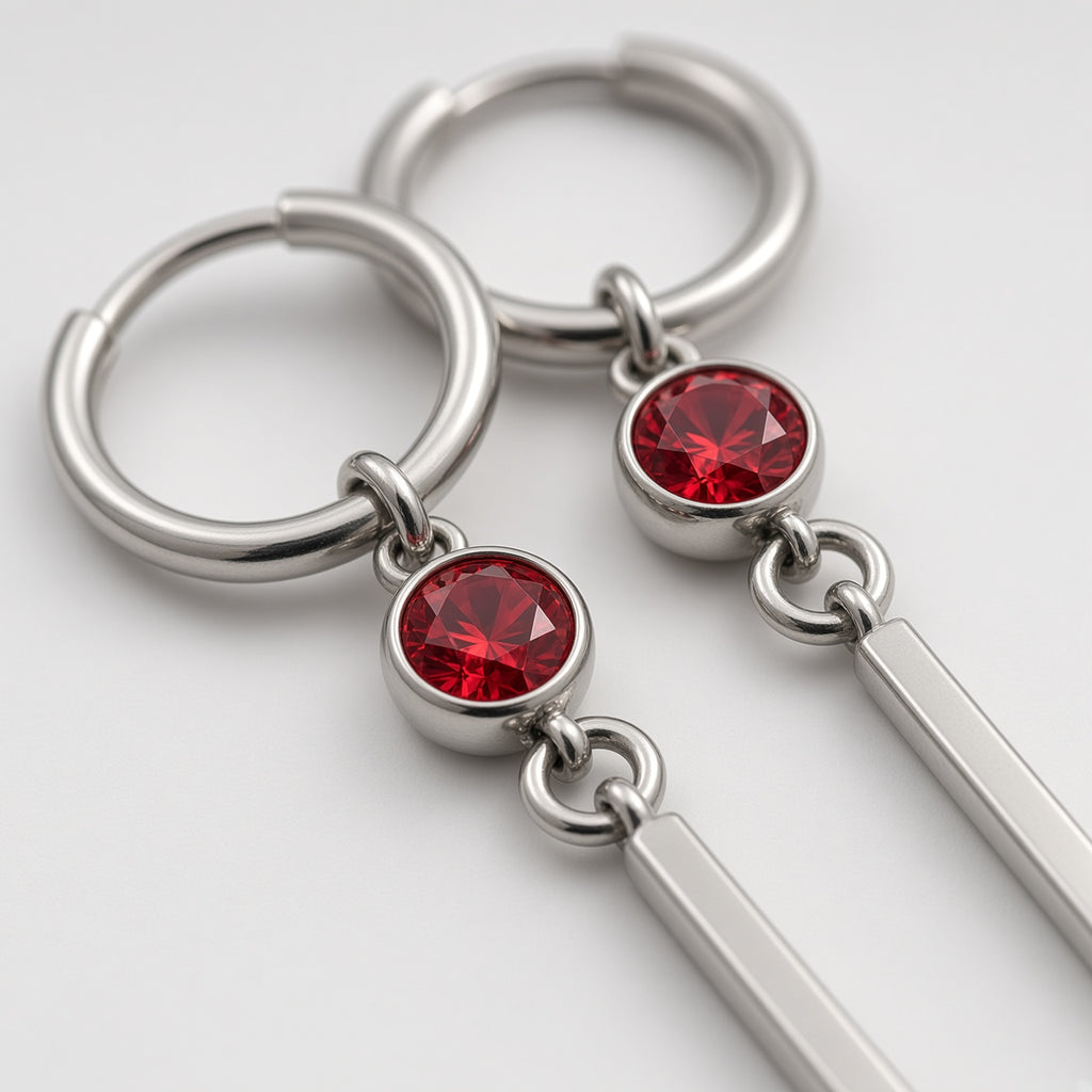 Ruby Red Crystal Long Bar Drop Hoop Earrings