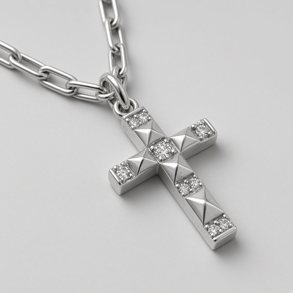 Antiqued Studded Pyramid Cross Paperclip Chain Necklace
