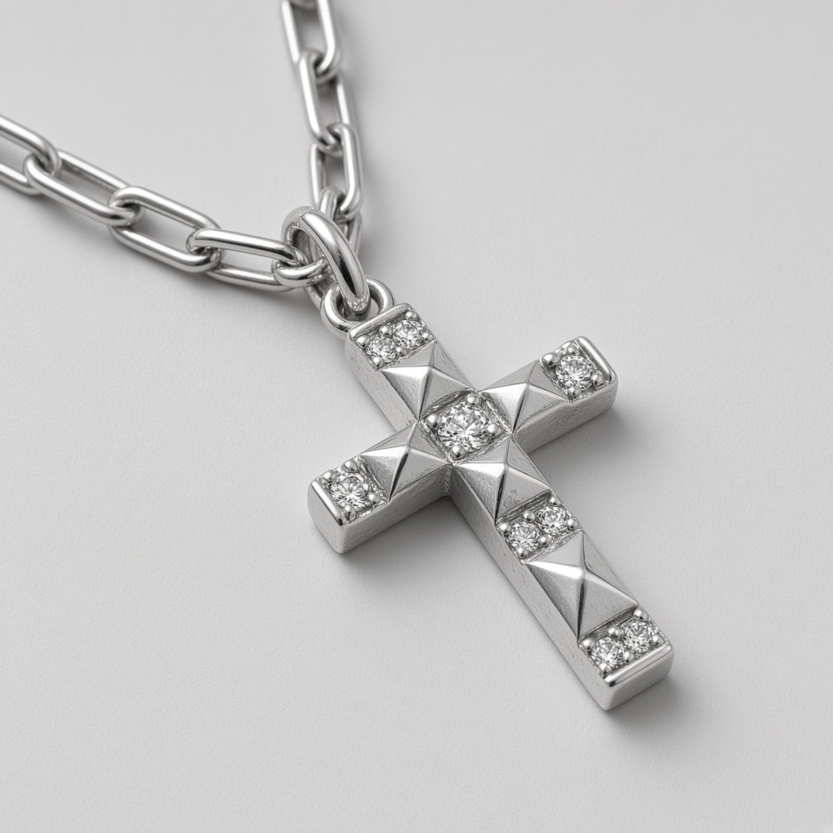 Antiqued Studded Pyramid Cross Paperclip Chain Necklace