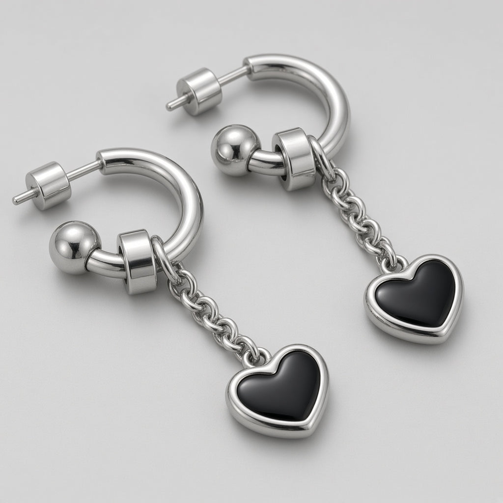 Black Enamel Heart Chain Drop C-Hoop Earrings