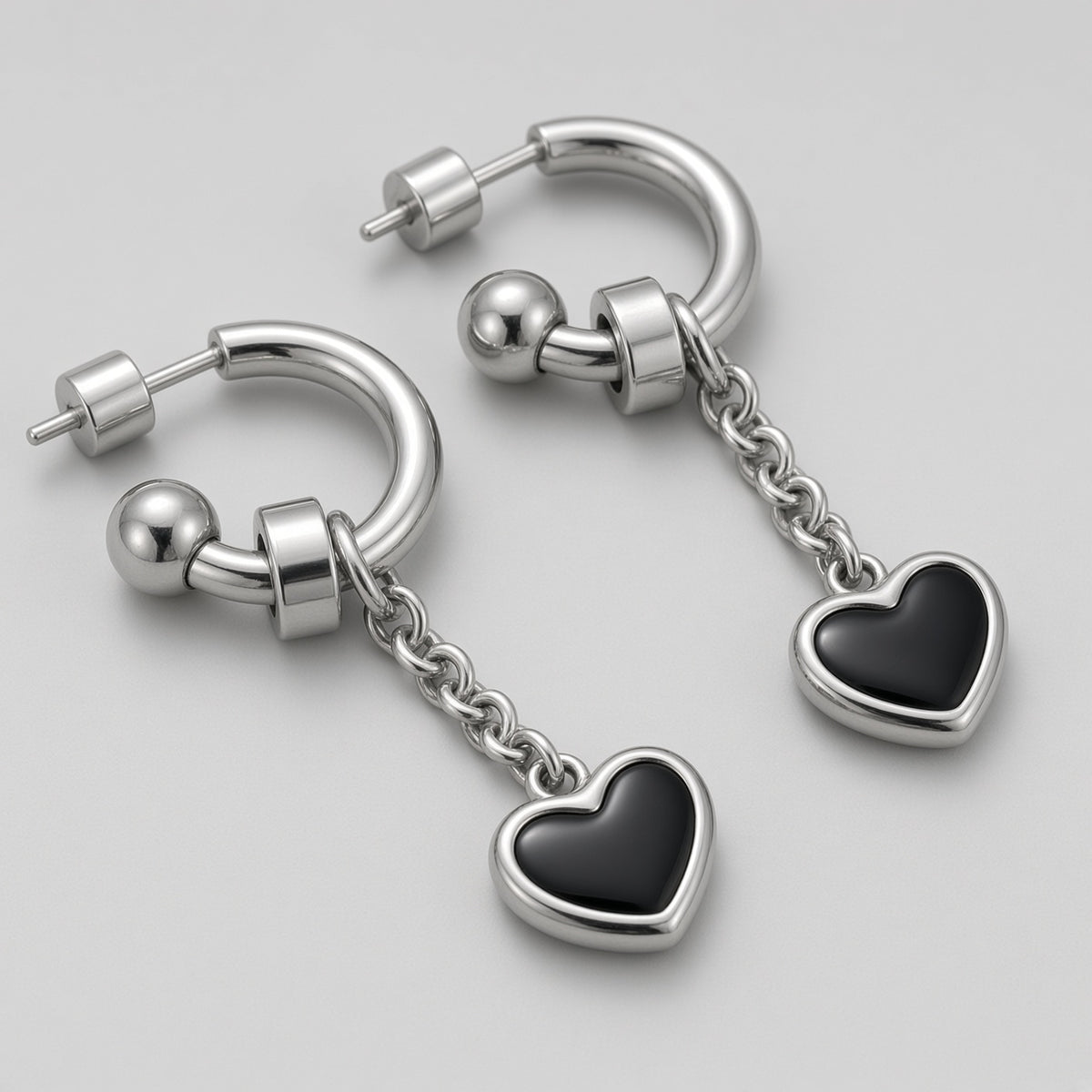 Black Enamel Heart Chain Drop C-Hoop Earrings