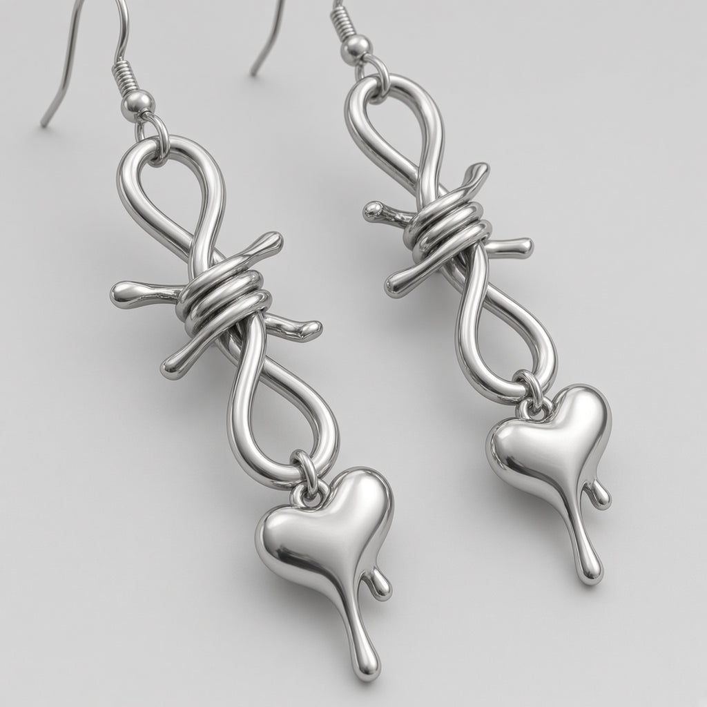 Barbed Wire Knot Dripping Heart Drop Earrings