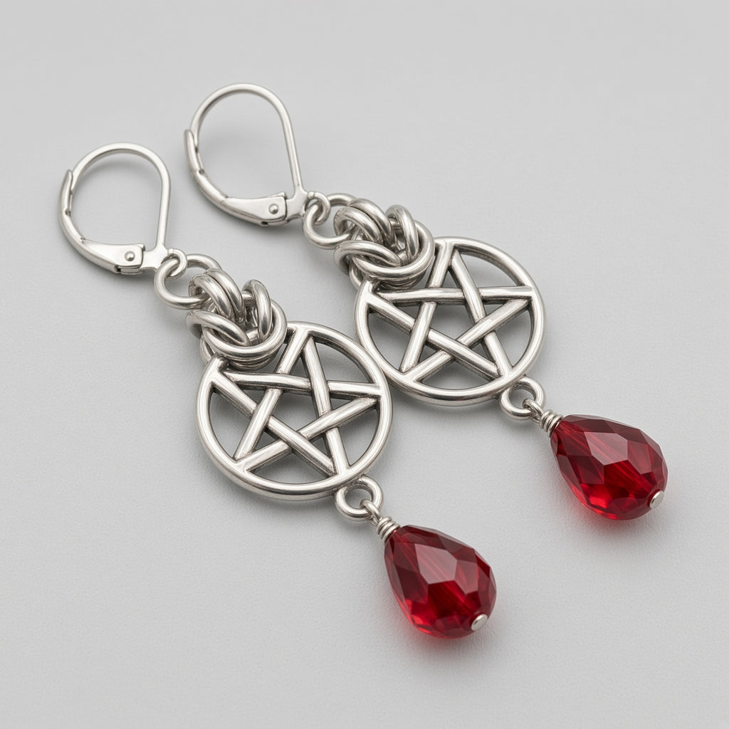 Blood Red Teardrop Pentagram Chainmaille Earrings