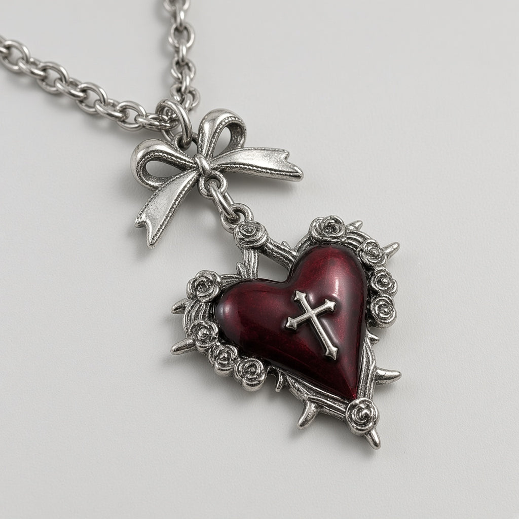 Blood Red Thorned Heart Cross & Bow Necklace