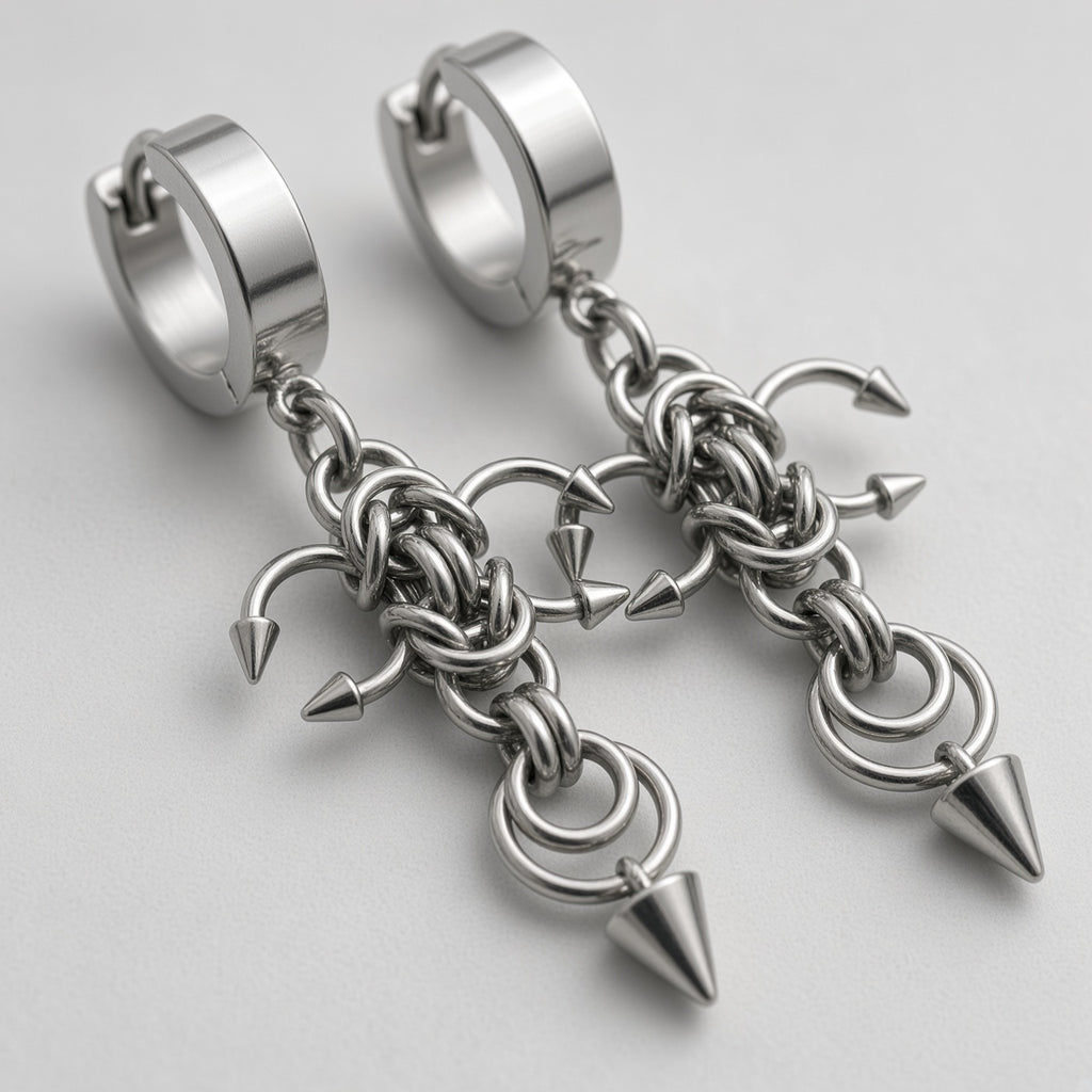Four Spike Chainmail Cross Huggie Earrings