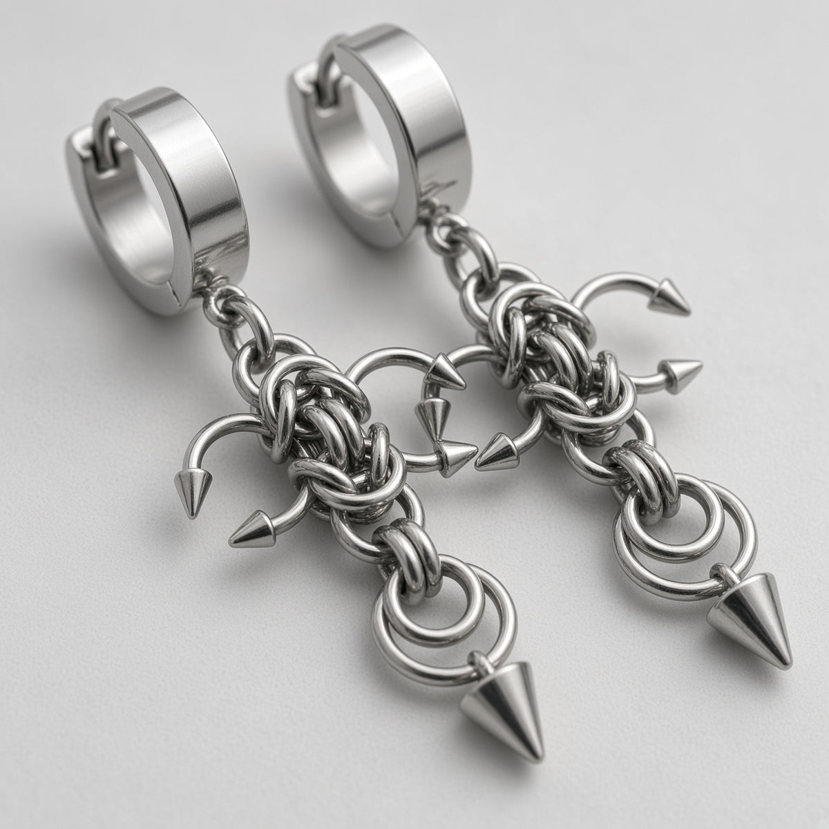Four Spike Chainmail Cross Huggie Earrings