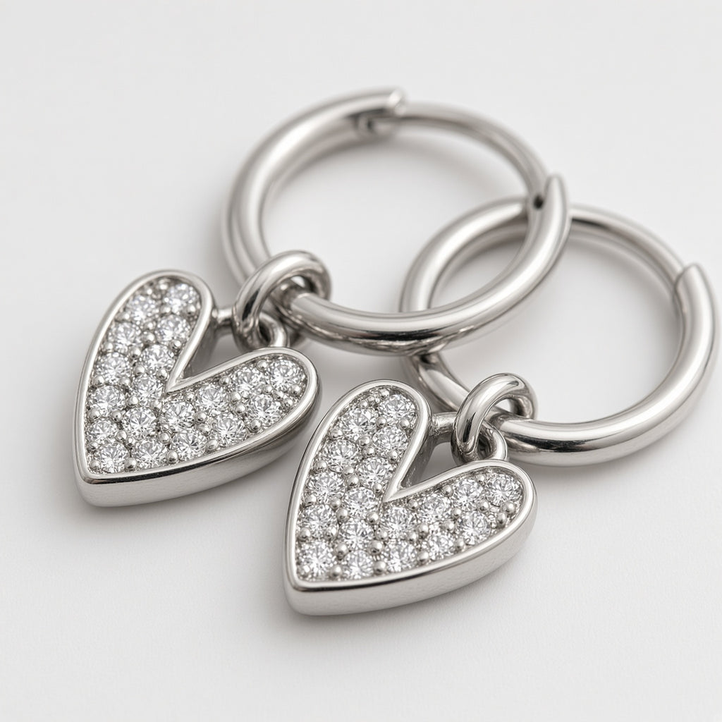 Silver Pavé Heart Charm Huggie Hoop Earrings