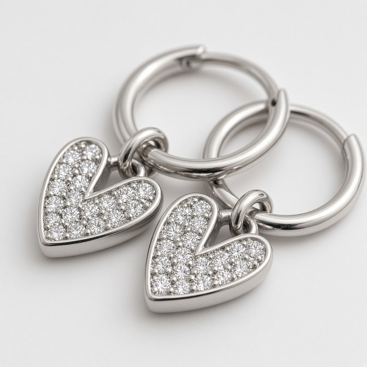 Silver Pavé Heart Charm Huggie Hoop Earrings