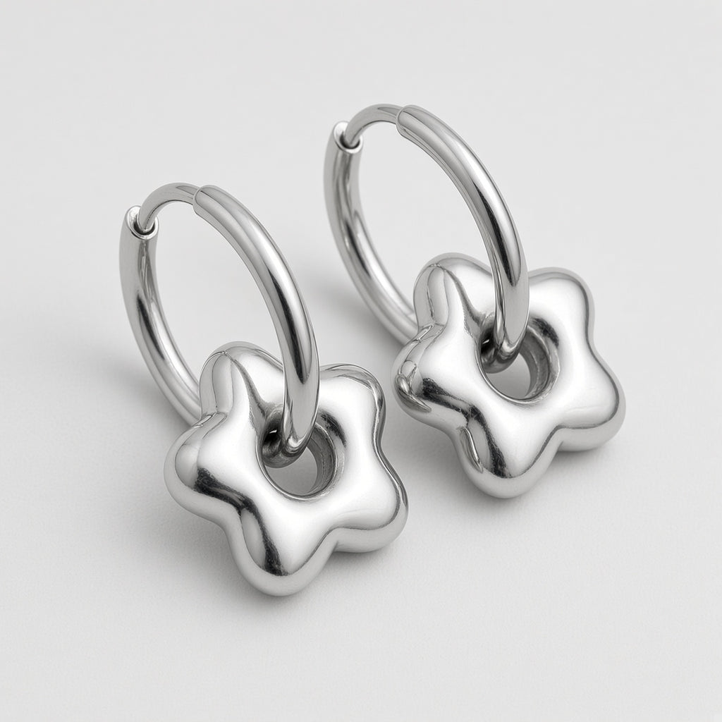 Puffy Chrome Flower Charm Hoop Earrings