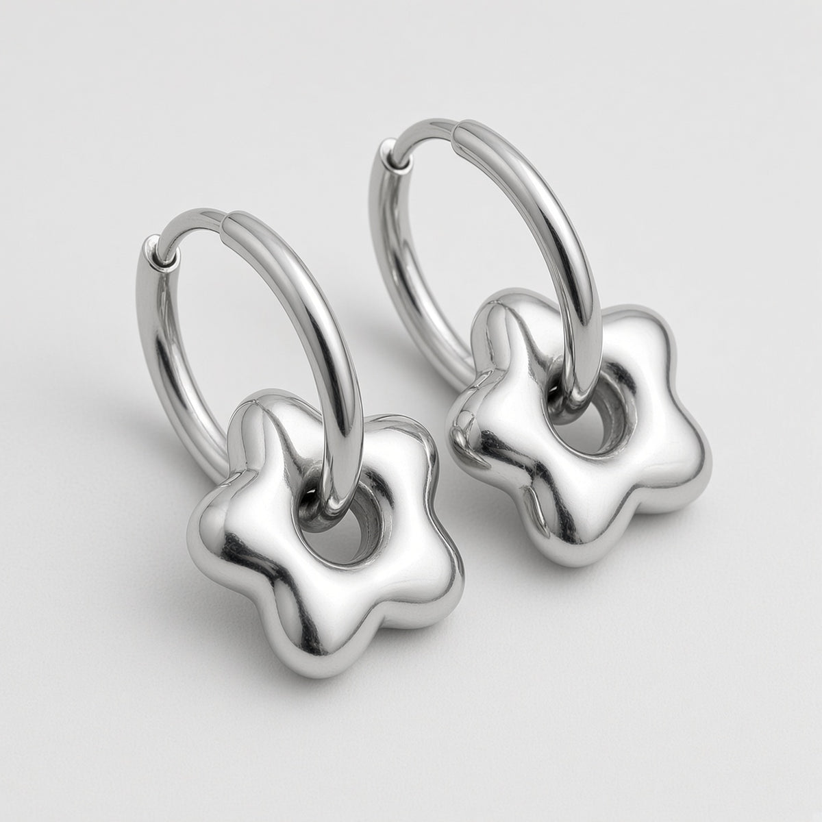 Puffy Chrome Flower Charm Hoop Earrings