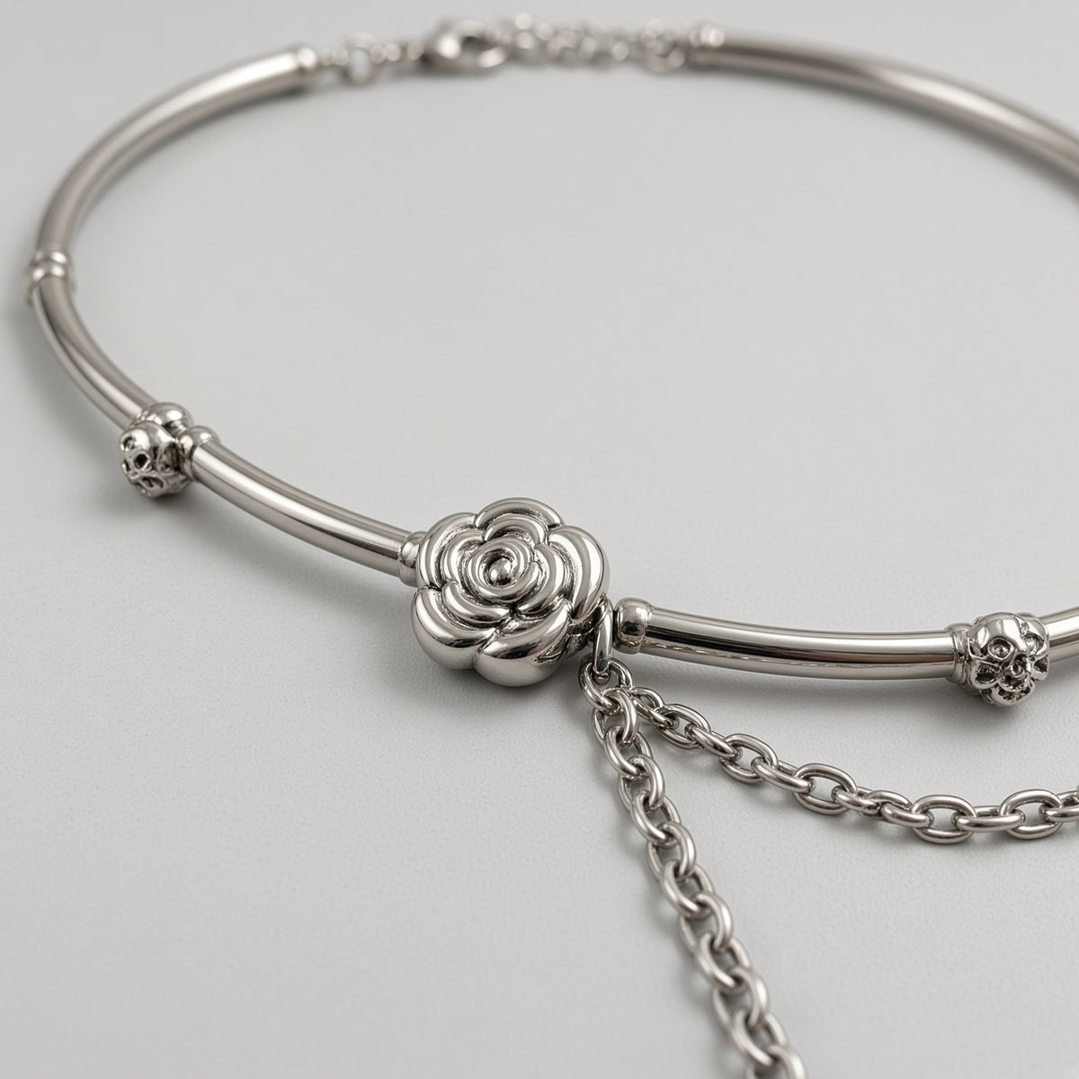 Silver Rose Draped Chain Collar Necklace